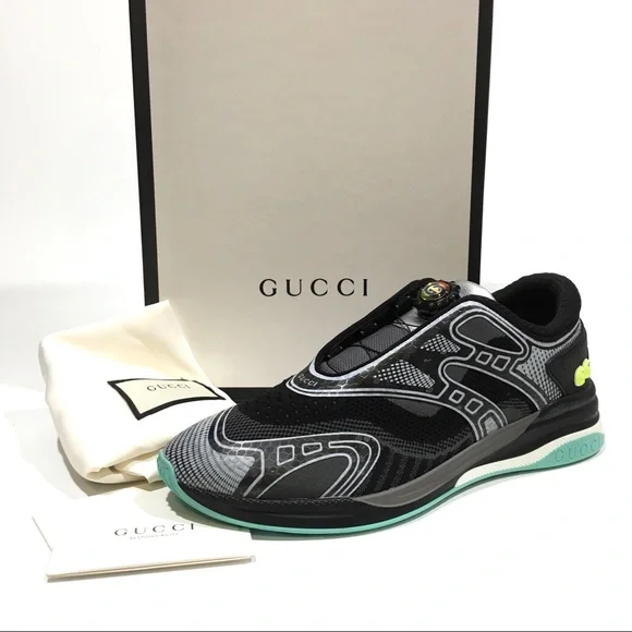GUCCI★素敵！ULTRAPACE AGR BTM LEATHER w LOGO SNEAKERS NWB* Gucci mens sneakers shoes ULTRAPACE Black Pewter Yellow